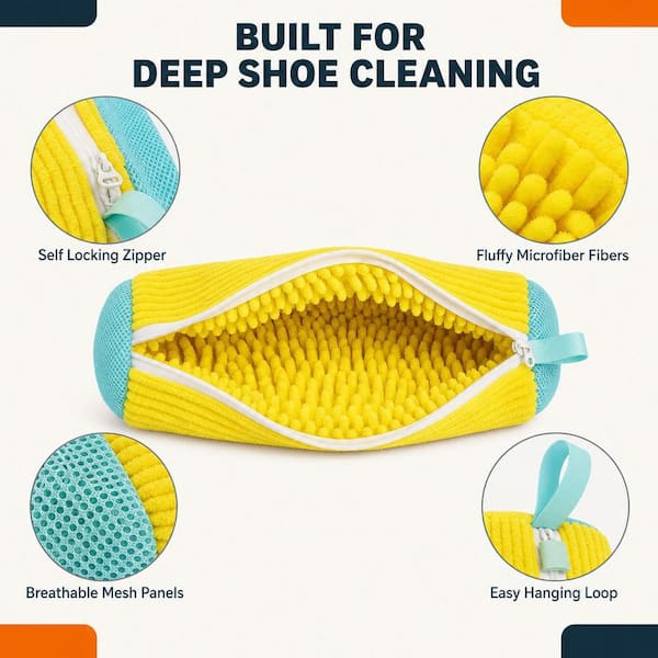 Numhew Yellow Shoe Washing Bags, 2 Pack Microfiber 360° Cleaning