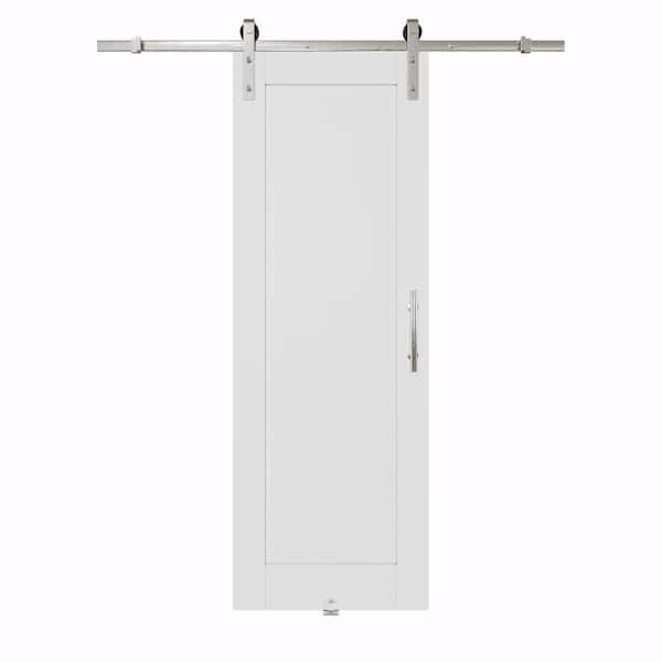 28 in. x 96 in. White 1-Panel Blank Solid Core Composite MDF Primed Sliding Barn Door with Hardware Kit Nickel Plated