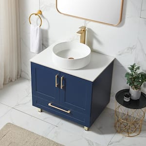 30 in. W x 22 in. D x 32 in. H Freestanding Bath Vanity in Blue with White Ceramic Sink and Marble Top