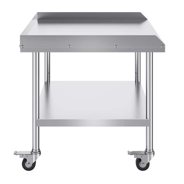 30 x 36 x 30 in. Stainless Steel Work Table, Commercial Food Kitchen Prep Table, 4 Wheels, Casters, 3-Sided Backsplash