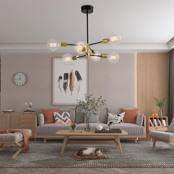 6-Light 22 in. Brass Modern Linear Dimmable Chandeliers Dining Room Kitchen Ceiling Lights Foyer Bedroom Lighting