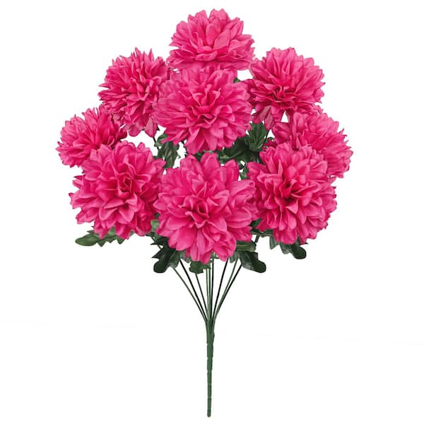 LIVING LUXURY 22 in. Hot Pink Artificial Ball Mum Pom Pom Flower Stem Bush Bouquet (Set of 2)