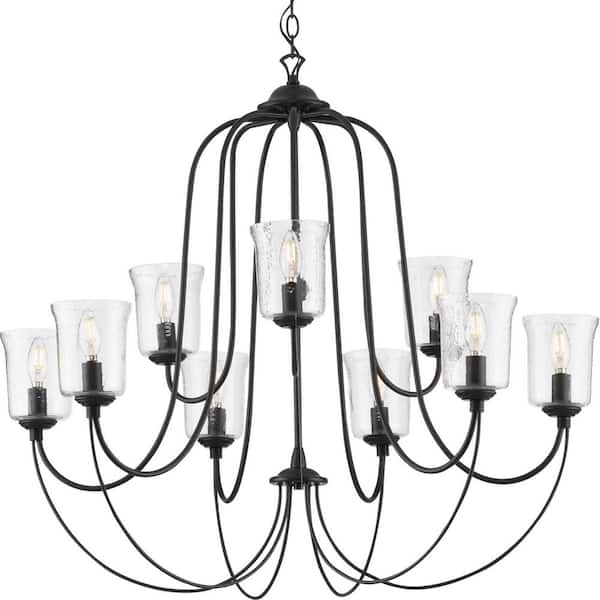 Bowman Collection 9-Light Matte Black Clear Chiseled Glass Coastal Chandelier Light