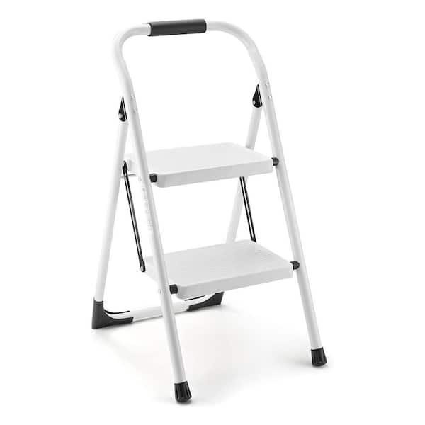 2 Step Ladder Folding Stool for Adults 330 lbs. Anti Slip Wide Pedal Foldable Ergonomic Steel Step for Home Office White