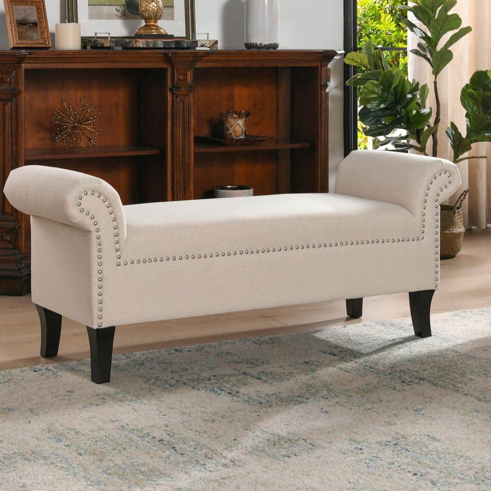 Sky Neutral Roll Arm Entryway Bench with Nailhead Trim