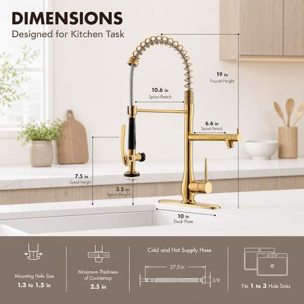 1-Piece Stainless Steel Kitchen Faucet in Gold, Single Handle Pull Down Sprayer Faucet with Deck Plate