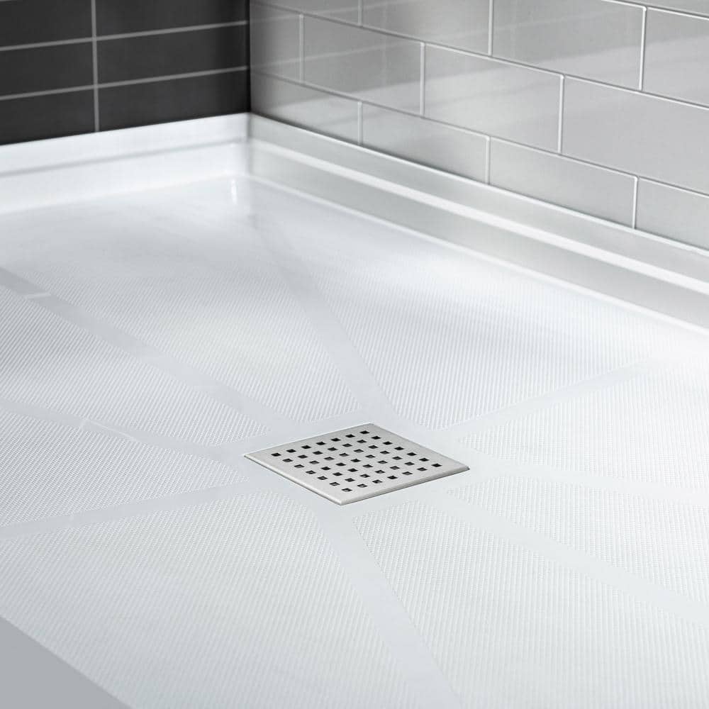 36" White Rectangular Shower Pan Base with Brushed Nickel Drain