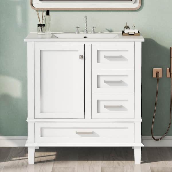 30 in. W x 18 in. D x 34 in. H Single Sink Freestanding Bath Vanity in White with White Cultured Marble Top