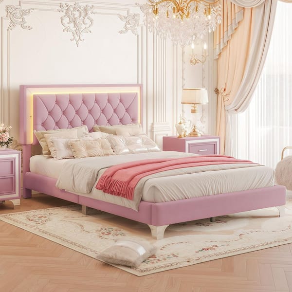 Pink Wood Frame Full Size Platform Bed with LED Lights, Tufted Headboard