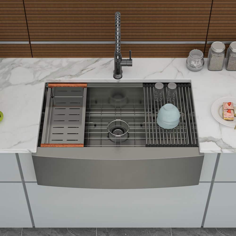 33 in. in Farmhouse Apron Front Single Bowl 16 Gauge Black Workstation Stainless Steel Kitchen Sink with Bottom Grids -  Qidian, LI124369703