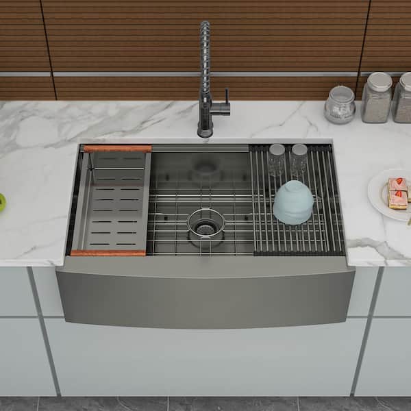 33 in. in Farmhouse Apron Front Single Bowl 16 Gauge Black Workstation Stainless Steel Kitchen Sink with Bottom Grids