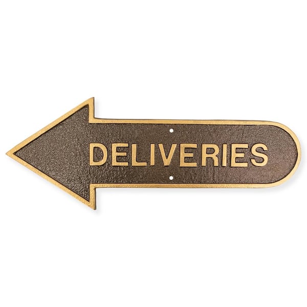 Montague Metal Products 6 in. x 15.5 in. Left Arrow Deliveries Statement Plaque Sign-Hammered Bronze