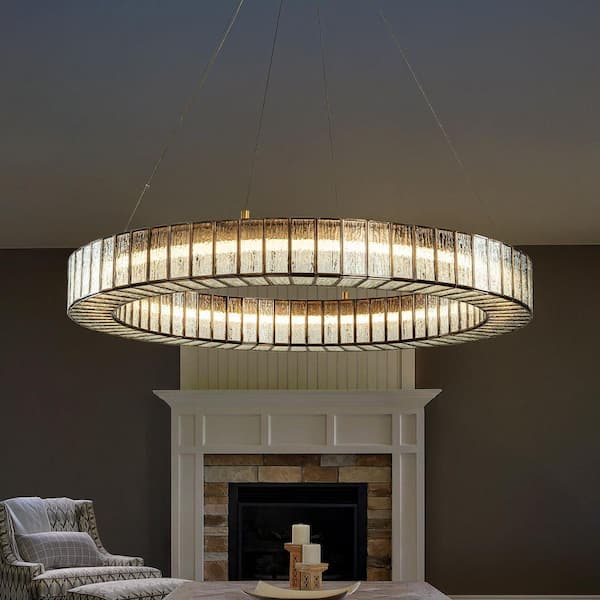 W34 in. Modern Halo Round Textured Glass Integrated LED Chandelier Brass Empire Wagon Wheel Ceiling Light Living Room