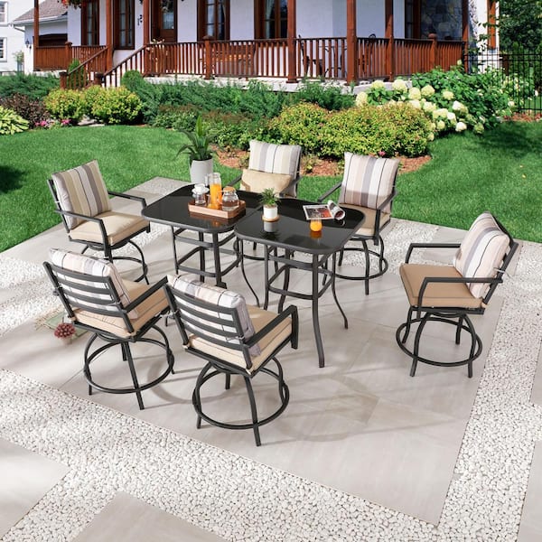 Patio Festival 8-Piece Metal Bar Height Outdoor Dining Set with Beige Cushions