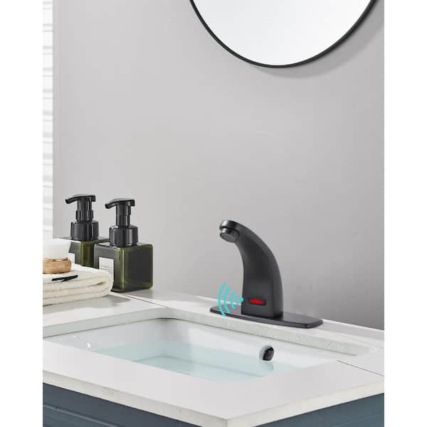 Automatic Sensor Touchless Single Hole Bathroom Faucet with Battery Operated Temperature Mixer and Deckplate in Black
