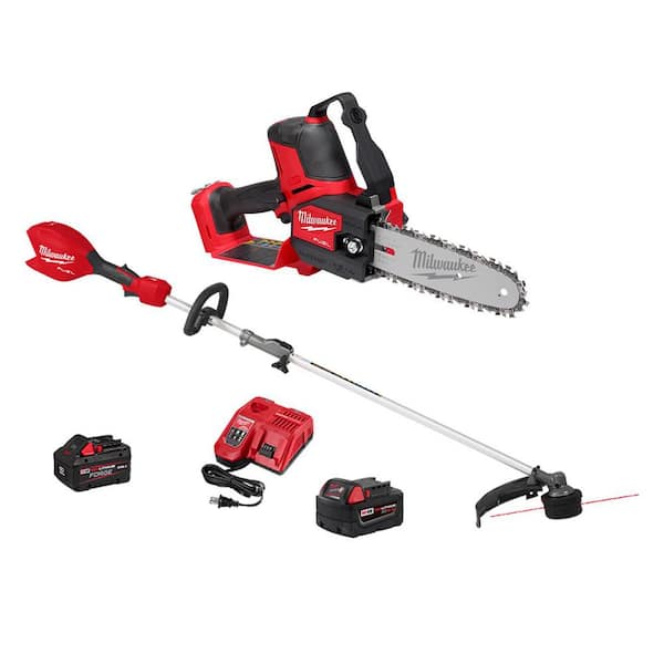 M18 FUEL 18V Lithium-Ion Brushless Battery 8 in. HATCHET Mini Chainsaw w M18 5.0 Ah Battery, M18 FUEL String Trimmer Kit
