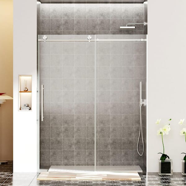 56 in.-60 in. W x 76 in. H Single Sliding Frameless Shower Door in Brushed Nickel with 10mm Tempered Glass, Soft-Close