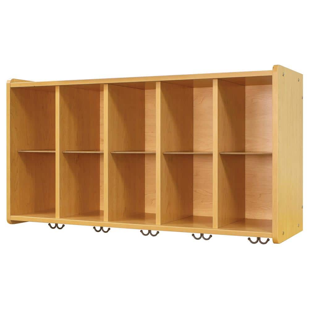 Maple Medium Wood Wall Shelf with Hooks and Cubbies