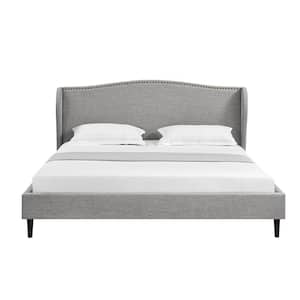 Knight Gray Wood Frame King Size Platform Bed With Nailhead Trim