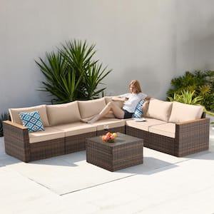 7-Piece Brown Wicker Patio Conversation Set with khaki Cushions