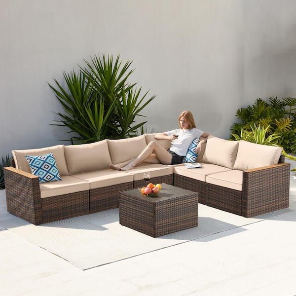 Tenleaf 7-Piece Brown Wicker Patio Conversation Set with khaki Cushions