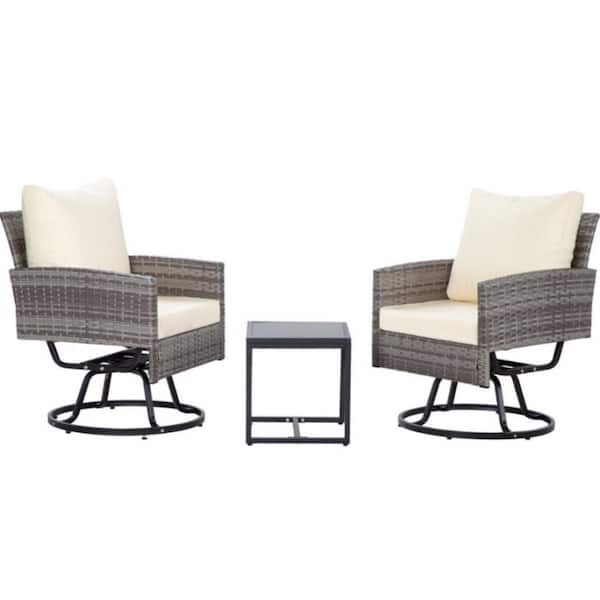3-Piece Wicker Swivel Rocker Patio Conversation Set with Beige Cushions