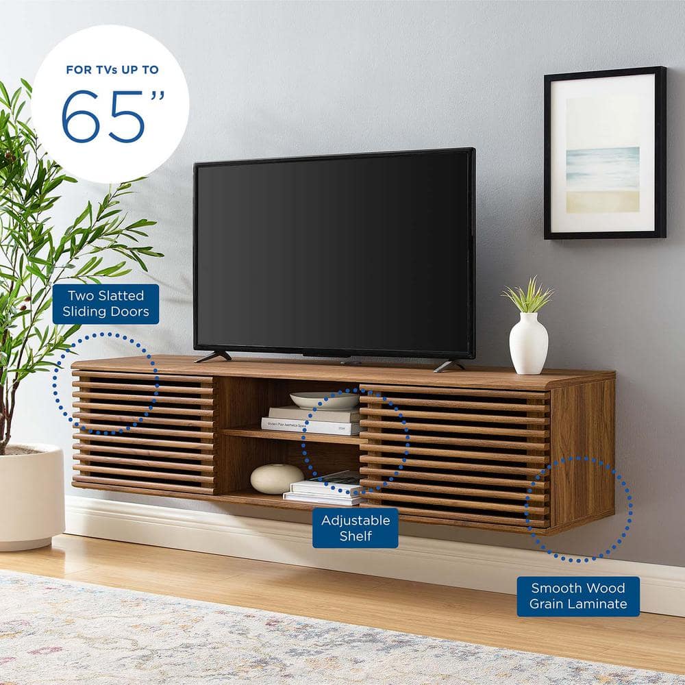 Sleek 60" Walnut Wall-Mount Media Console with Sliding Doors