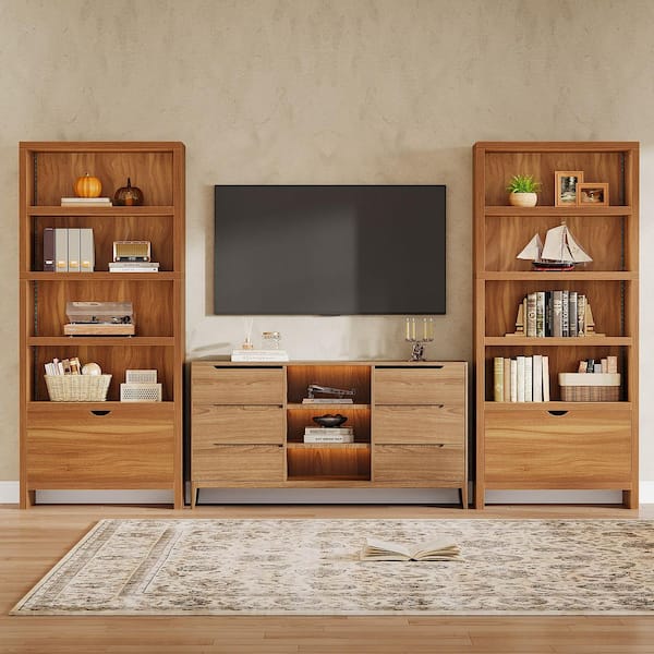71 in. Tall Walnut-color Engineered Wood 5-Shelf Standard Bookcase with LED light, File Drawer