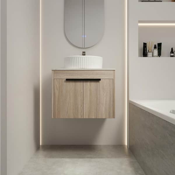 Unbranded 24 in. W x 19 in. D x 23 in. H Wall Mounted Bath Vanity in White Oak with White Ceramic Top