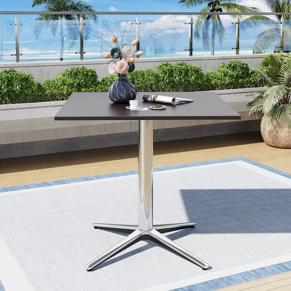 31 in. Black Metal Square Outdoor Bistro Pedestal Table with Silver Thick Stainless Steel Legs