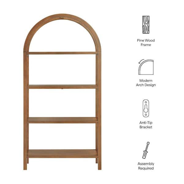 Vexley 72 in. Tall Walnut Wood 4-shelf Accent Bookcase with Pine Wood Frame