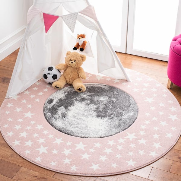 Carousel Kids 4 ft. x 4 ft. Pink/Gray Novelty Round Rug