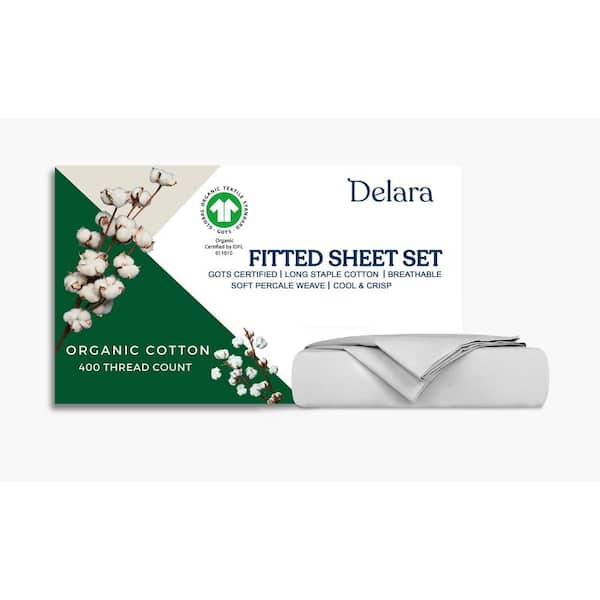 Delara Delara 3-Piece Solid 100% Organic Cotton Percale Weave Breathable Super Soft Light Grey Full Fitted Sheet Sets