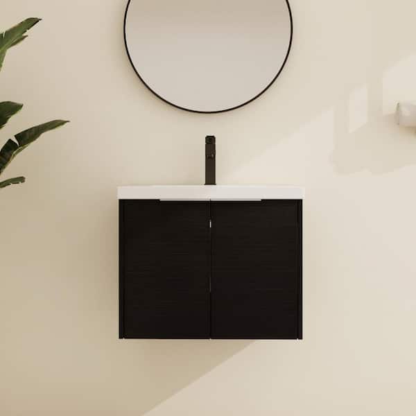 ARTCHIRLY 23.6 in. W x 18.1 in. D x 19.3 in. H Wall-Mounted Bath Vanity in Black Chestnut with White Resin Vanity Top