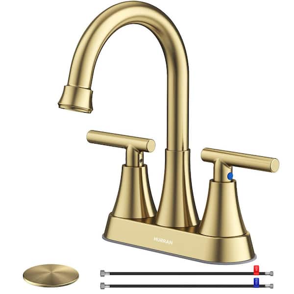 Lukvuzo 4 in. Stainless Steel Centerset Double Handle High Arc Bathroom Faucet with Popup Drain and 2 Supply Hoses, Brushed Gold