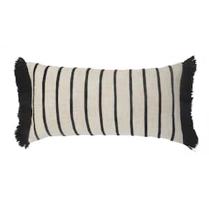Fringed Ivory and Black Striped Cuddle Poly-Fill 28 in. x 12 in. Throw Pillow