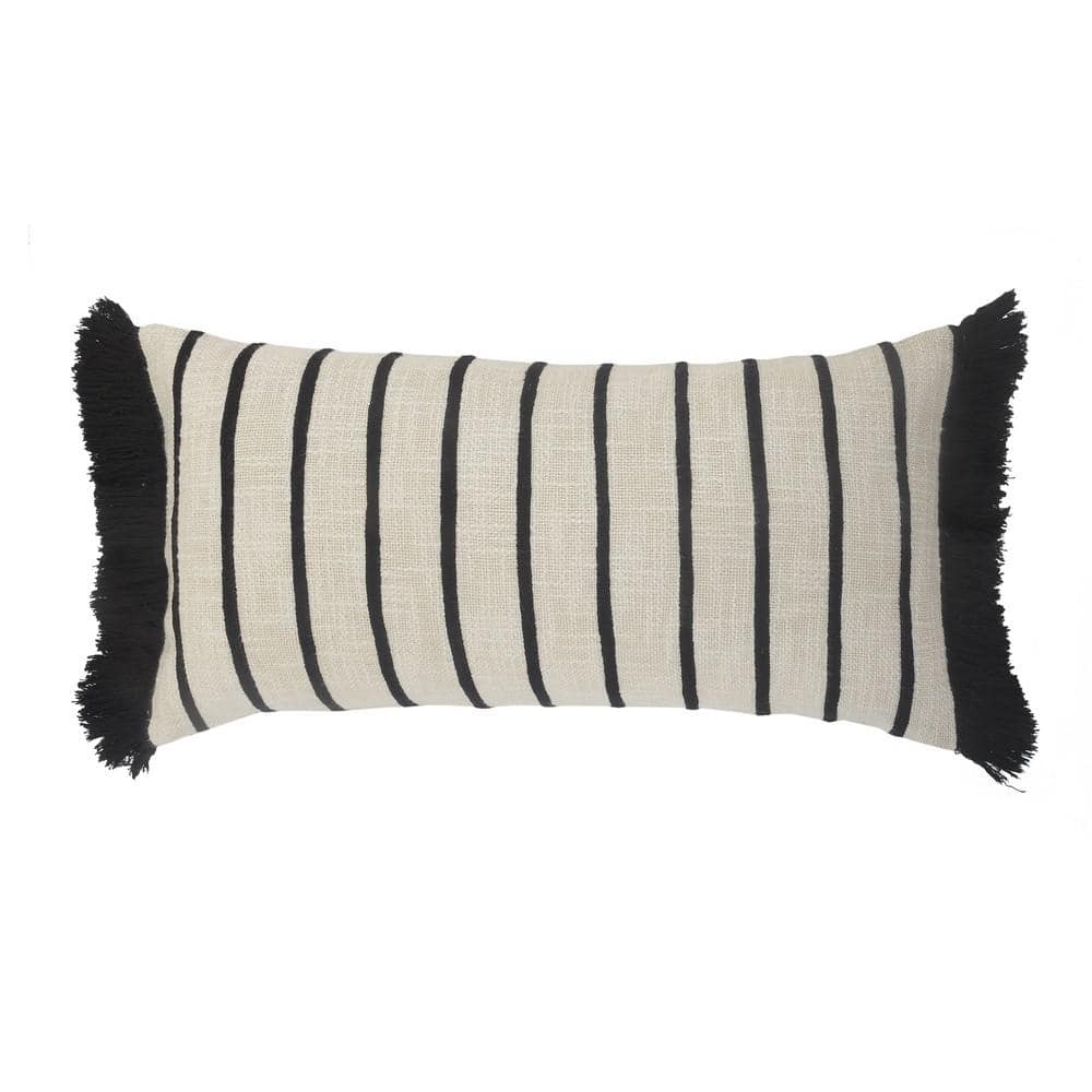 Fringed Ivory and Black Striped Cuddle Poly-Fill 28 in. x 12 in. Indoor  Th
