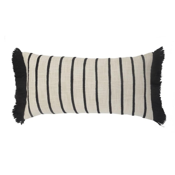 Unbranded Fringed Ivory and Black Striped Cuddle Poly-Fill 28 in. x 12 in. Indoor  Throw Pillow