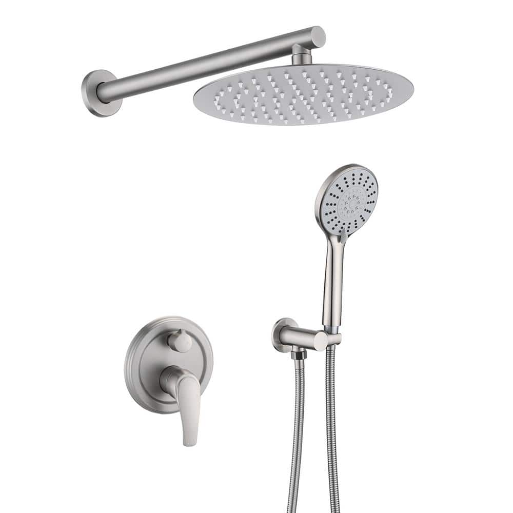 1-Spray Patterns Round 5-Functions 10 in. Wall Mount High Pressure Dual Shower Heads with Handheld in Brushed Nickel