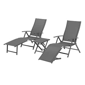 3-Piece Metal Outdoor Chaise Lounge with Side Table in Gray
