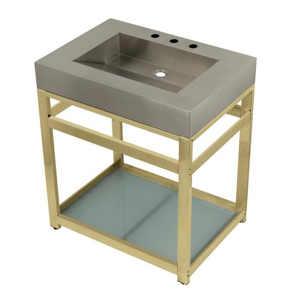 Kingston Brass 31 in. W Bath Vanity in Polished Brass with Stainless Steel Vanity Top in Silver with Silver Basin