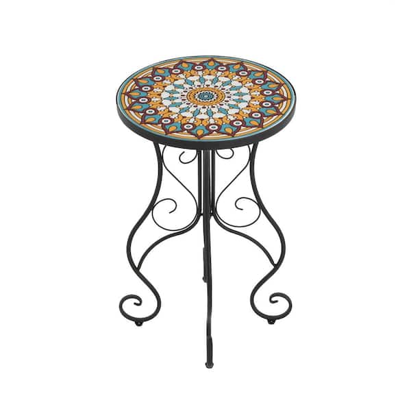 CHRISTOPHER KNIGHT HOME Stow Outdoor Patio Round Side Table, Ceramic Tile, Iron, Black + Colorful