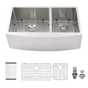 33 in. Farmhouse/Apron-Front Double Bowl Round Corner 16-Gauge Stainless Steel Kitchen Sink Farm Basin with Bottom Grids
