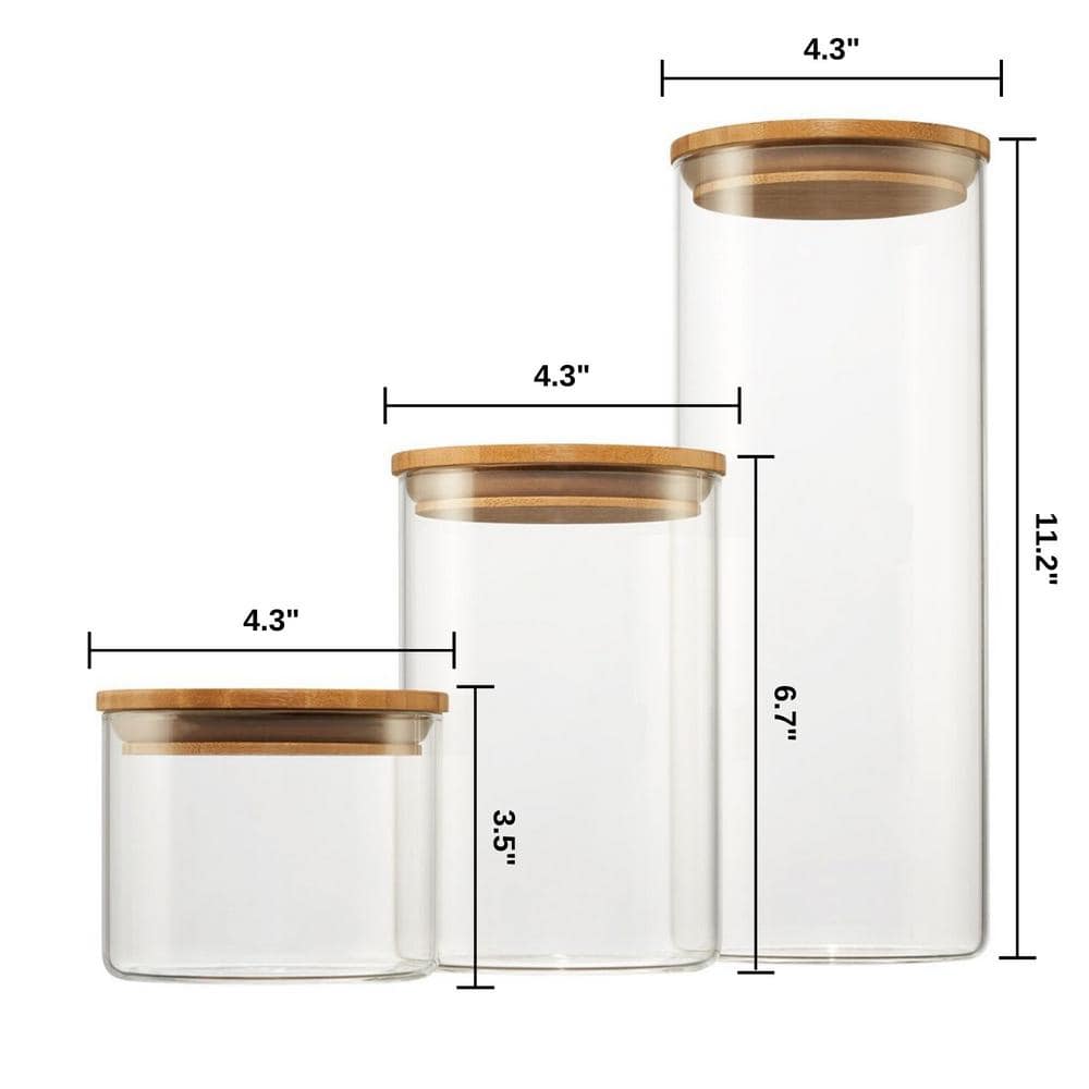 Clear Glass Cylinder Canisters with Bamboo Lids - Set of 3