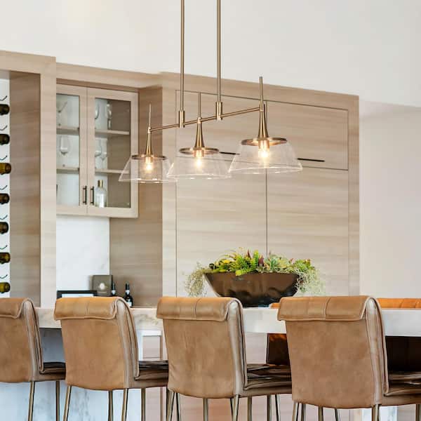 Quoridan 3-Light Brass Large Linear Island Chandelier, Modern Kitchen Pendant Billiard Lighting with Seeded Glass Shades
