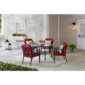 Harmony Hill 5-Piece Black Steel Outdoor Patio Dining Set with CushionGuard Chili Red Cushions