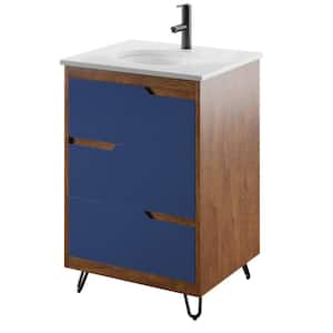 20 in. D x 24 in. W x 35 in. H Bath Vanity in North Brown and Blue with Stone Vanity Top in White with White Basin