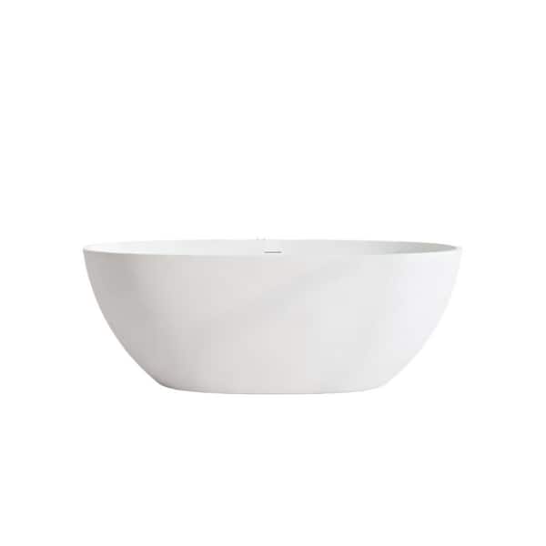 55 in. x 29.5 in. Oval Solid Surface Soaking Bathtub with Overflow Drain in Matte White Durable Construction