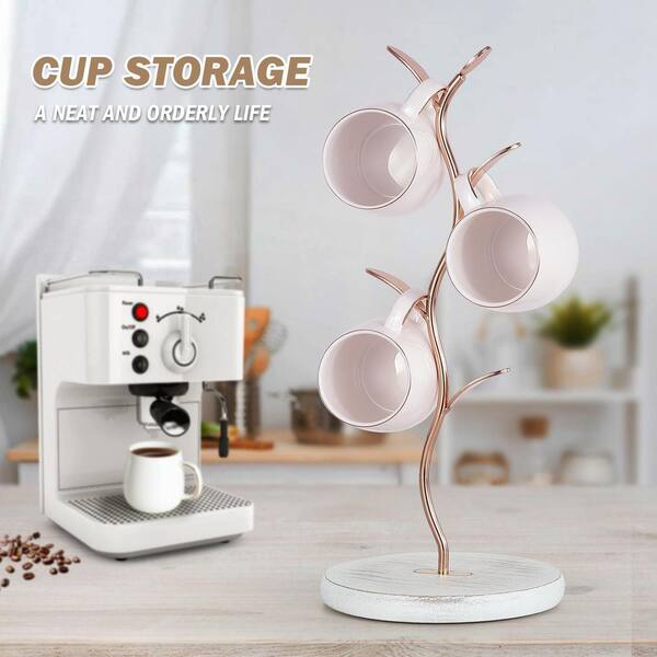 Anqtovp 4-Hook Rose Gold Mug Tree Countertop Space-Saving Coffee Cup Rack with Natural Wood Base Kitchen Organizer Stand