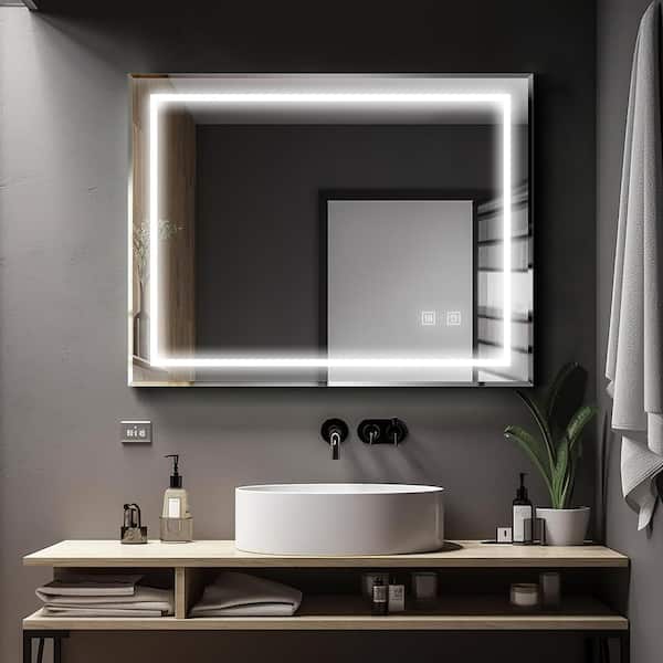 KINWELL Bathroom Mirror 31.5-in W x 23.6-in H LED Lighted White Rectangular Fog Free Frameless Bluetooth Bathroom Vanity Mirror